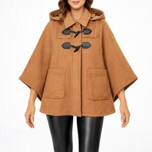 Coach Wool Blend Hooded Duffle Cape Coat Toggle Camel Brown Size M/L